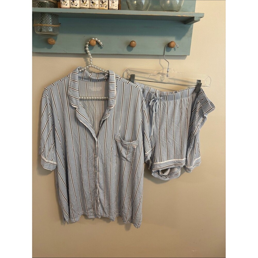 Victorias Secret Pajama Set XXL Blue Striped Button Shirt Shorts Modal Stretch